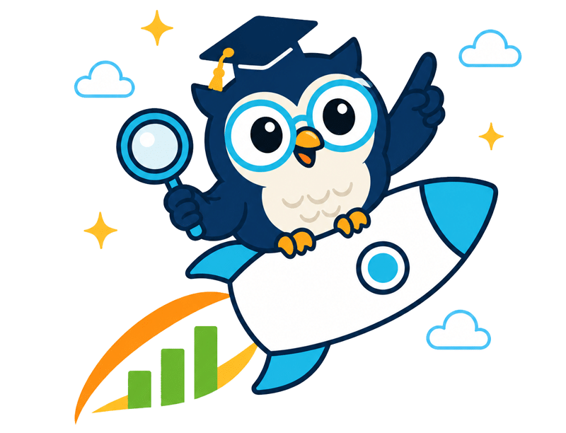 WP SEO Agent owl mascot riding a rocket with rising search rankings